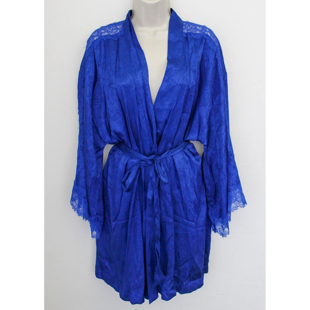 Victoria's Secret Wrap Robe M/L Blue Satin Floral Jacquard Lace Trim Short